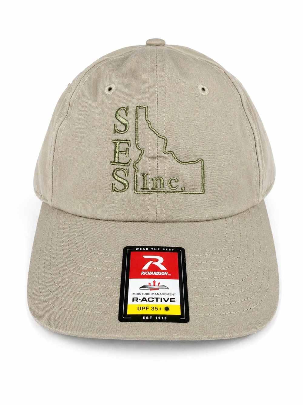 Richardson 220 R-Active Hat SES Inc Idaho Logo Khaki Adjustable Cap UPF 35+